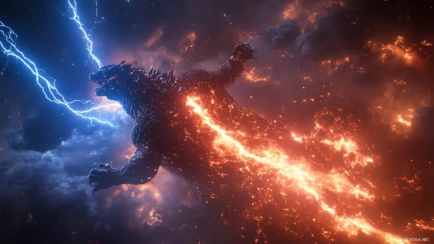 Lightning cracks across the chest of Godzilla mid lunge.