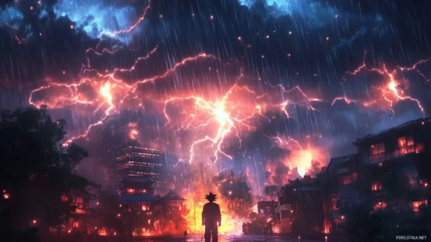 Lightning cracks through the sky as Goku prepares to power up silently.