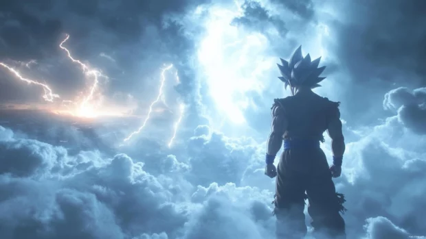 Lightning dances across the clouds as Goku releases a controlled blast of energy from one hand.