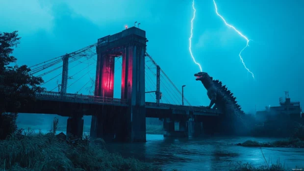 Lightning flashes illuminate Shin Godzilla beside a ruined bridge.