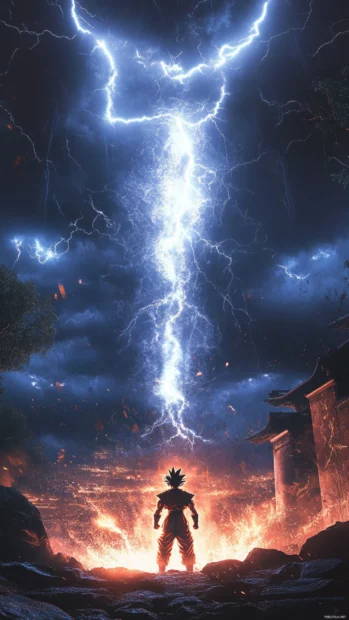 Lightning splits the sky as Goku enters the scene from above, arms ready.