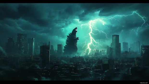 Lightning striking as Godzilla rises from beneath a crumbling city.