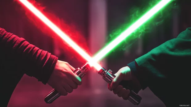 Lightsaber duel between Sith and Jedi with intense motion blur and glowing effects, ideal for high energy Star Wars wallpapers.