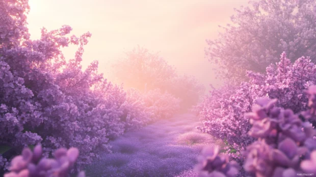 Lilac blossom field under soft sun haze, a floral image perfect for aesthetic PC wallpaper lovers.