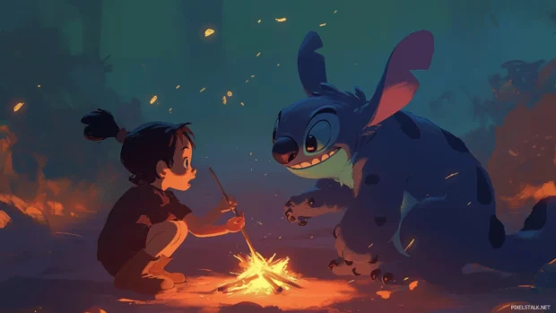 Lilo and Stitch roasting marshmallows on a tiny comet.