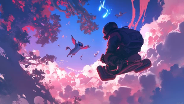 Lilo and Stitch skydiving through pink auroras on hoverboards.