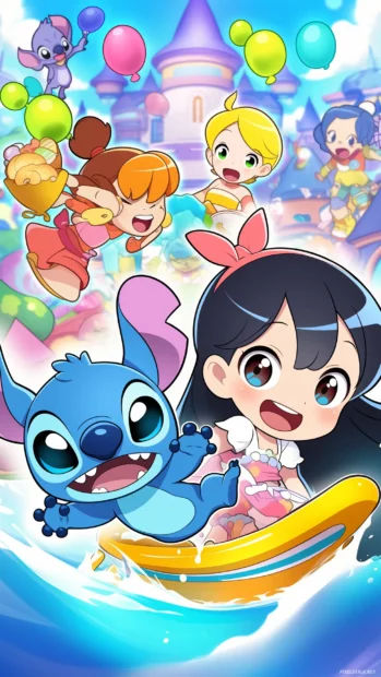 Lilo and Stitch surfing on a big wave, having fun at the beach with colorful surfboards and a clear blue ocean.