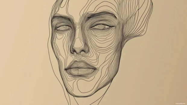 Line art face on neutral background, trending 4K minimalist PC wallpaper for workspaces.