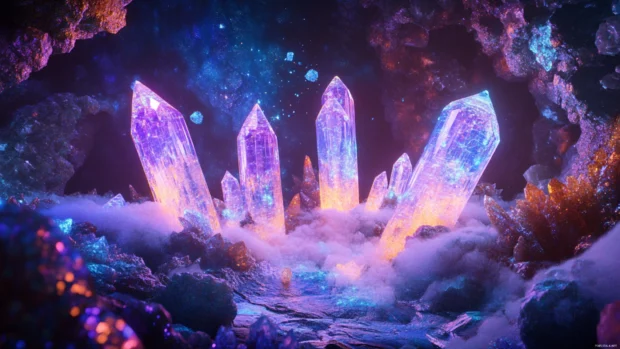 Liquid light flowing over crystalline structures, a vibrant and trippy display.