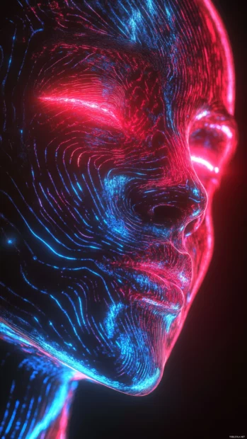 Liquid neon forming face in digital mirror.