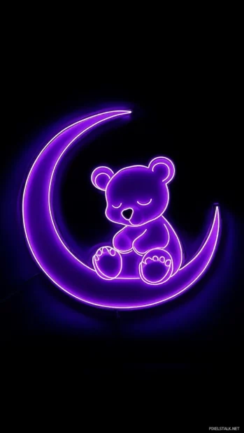 Little bear outlined in purple neon sitting on moon.