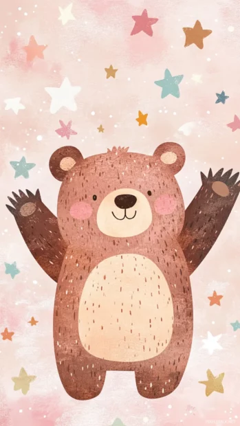 Little bear waving surrounded by pastel stars and sparkles.