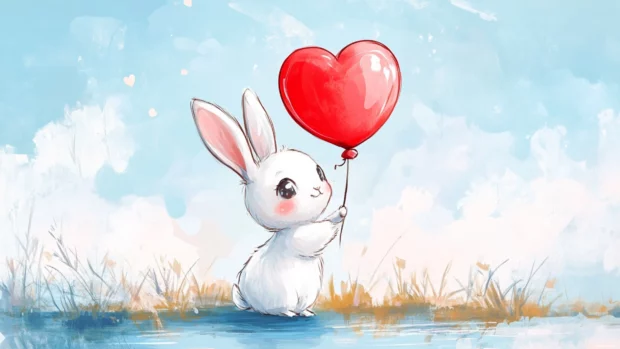 Little bunny holding a heart balloon, drawn in kawaii style.