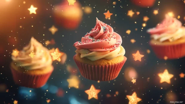 Little cupcakes flying on sparkling star paths.