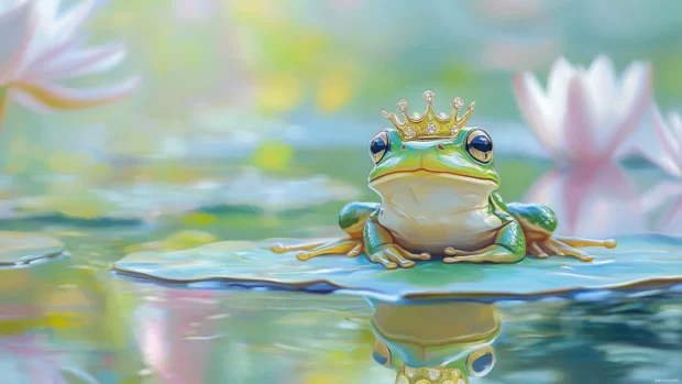 Little frog wearing a crown on a lily pad in pastel pond.