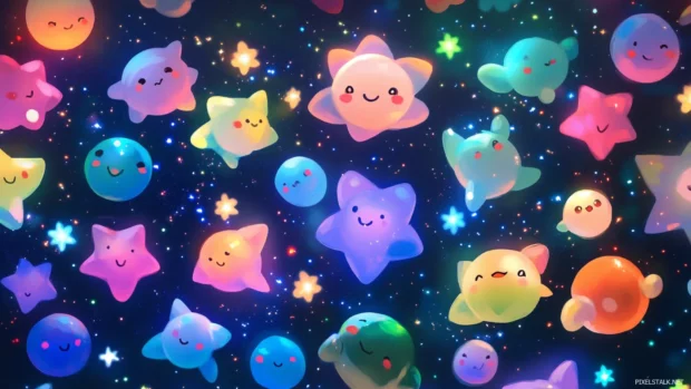 Little glowing stars twinkling among kawaii planets, bringing life to chibi night sky wallpaper.