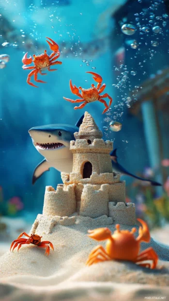 Little shark building sandcastle underwater with crab.