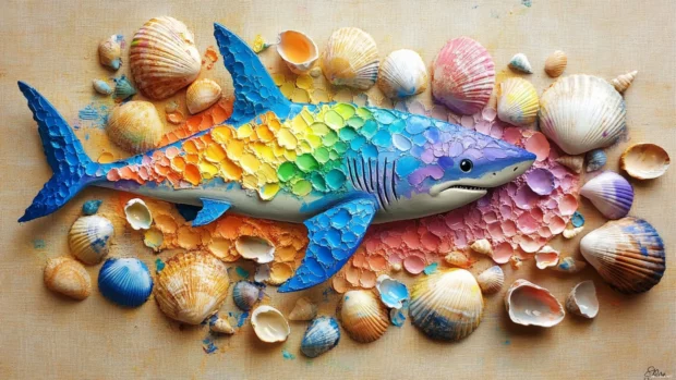 Little shark painting seashells with rainbow colors.