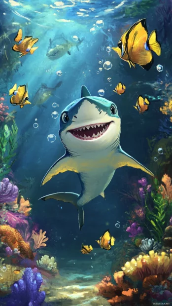 Little shark swimming with butterfly fish and giggling.