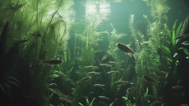 Lively fish tank, guppies mollies tetras, lush green plants variety, small decorative ornaments.