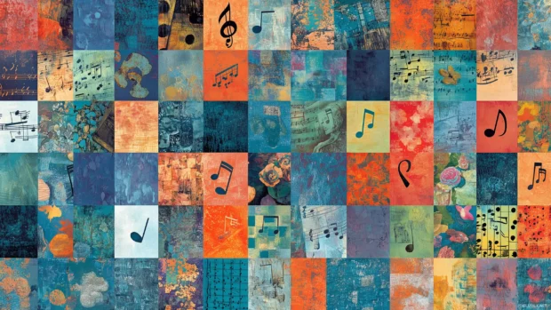 Lively tile pattern featuring musical notes and vibrant instruments.