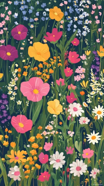 Lock screen flower phone wallpapers with wildflower meadow design.