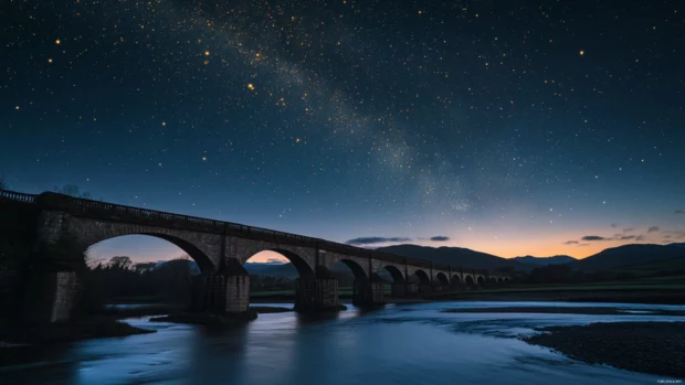 Lone bridges crowned by dancing golden stars.