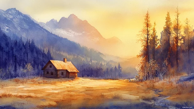 Lone cabin nestled in a valley illuminated by sunset in watercolor tones.