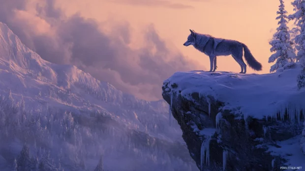 Lone wolf on a snowy cliff at twilight.