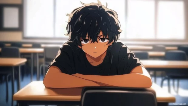 Lonely anime boy sitting in empty classroom.
