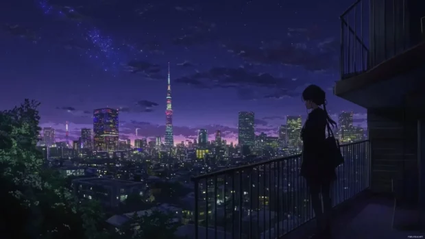 Lonely anime girl gazing at the city lights from her balcony.