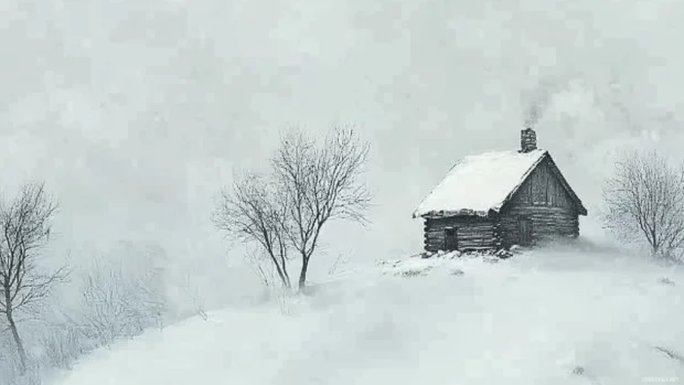 Lonely cabin surrounded by heavy snow.