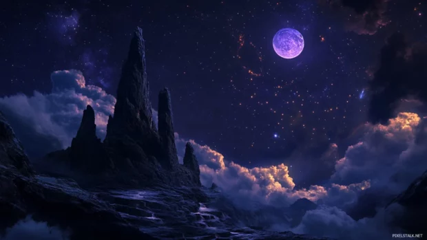 Lonely cliffs breathing under infinite cosmic lights, weaving the dreams of stunning night sky stars wallpaper.