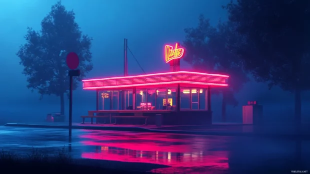 Lonely diner glowing in distant neon lights.
