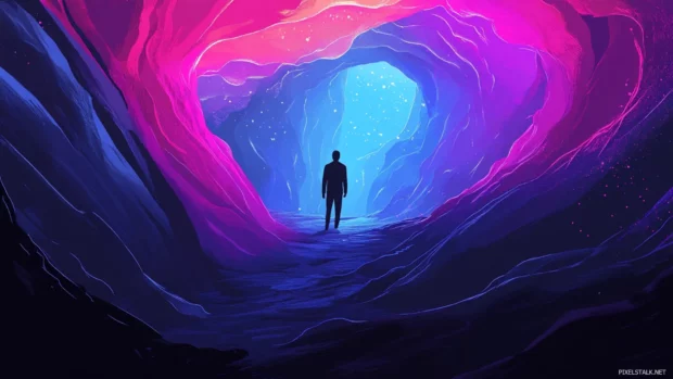 Lonely figure walking into neon abyss.