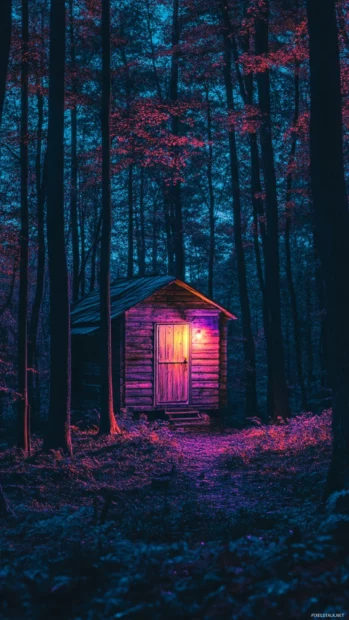 Lonely neon cabin hidden in dark forest.