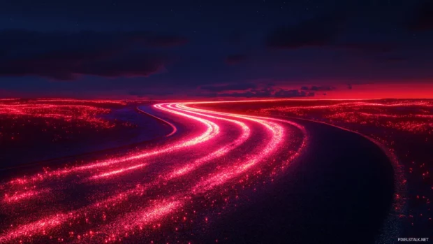Lonely road winding through red neon desert.