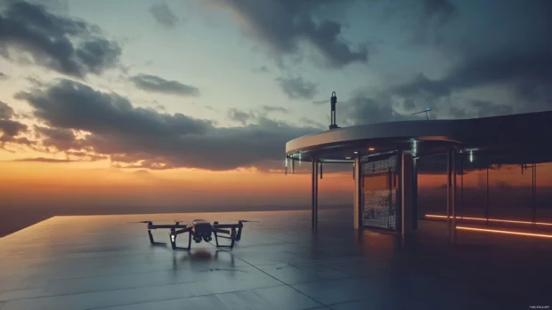Lonely rooftop drone charging station under a digital sky.