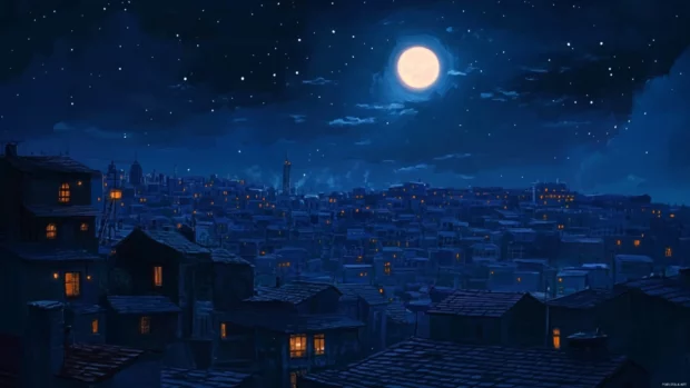 Lonely rooftops glowing under scattered heavens.
