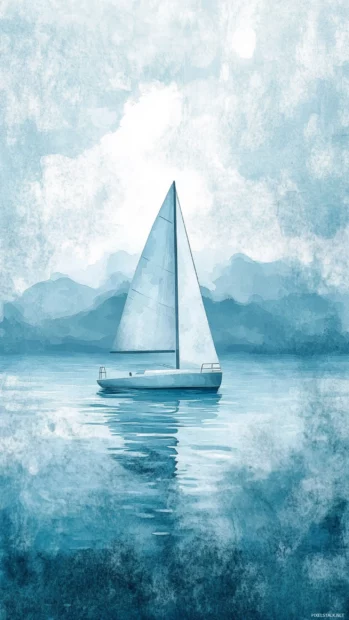Lonely sailboat gliding across a watercolor sea horizon, Clean and Elegant style.
