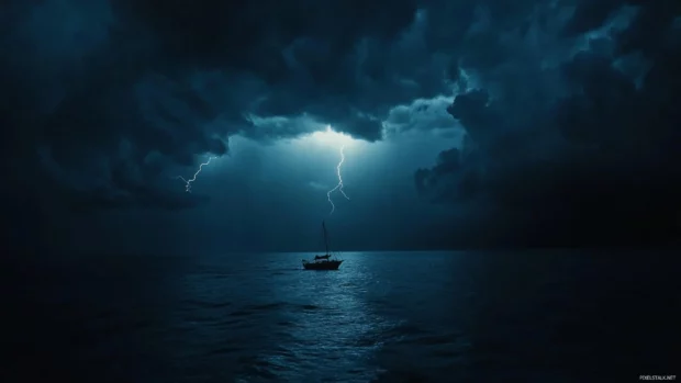 Lonely ship sailing through dark stormy waters, lightning striking in the distance.