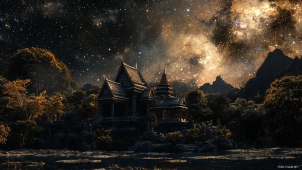 Lonely temples resting under black starry worlds.