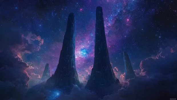 Lonely towers outlined by glowing constellations, whispering into the heart of stunning galaxy stars background.