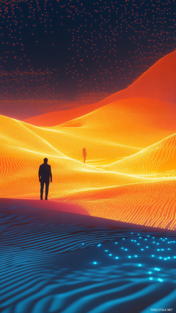 Lonely traveler in a digitized desert landscape with glowing particles, fitting for cyberpunk phone wallpapers 4K.