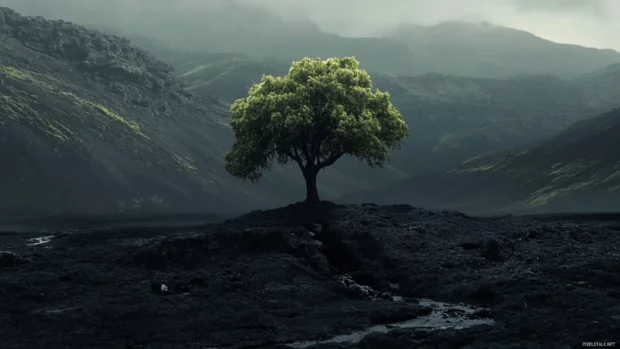 Lonely tree in black landscape.