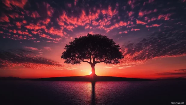 Lonely tree standing tall at Pretty Sunset.
