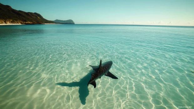 Long fin of shark moving through crystal clear ocean.