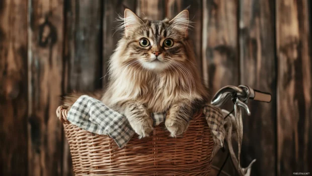 Long haired cat sitting in a bicycle basket, vintage setting.