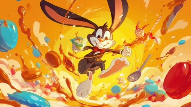 Looney Tunes characters bursting through a candy filled cinema.