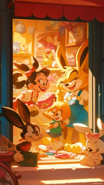 Looney Tunes characters popping out of a candy shop doorway.